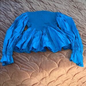 Blue Smocked Ruffled Long Sleeve Blouse